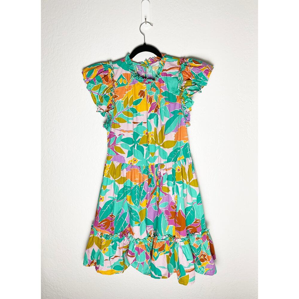 House of Harlow 1960 Women's Tired Ruffle Mini Dress Coltraihe Green Tropical - Picture 2 of 11